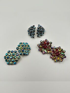 Vintage Aurora Borealis AB Rhinestones Clip On Earrings Lot of 3 Pairs